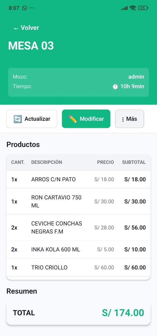 Detalle de la Mesa 03 con cantidad, descripción, precio y subtotal de cada producto, y el total de la cuenta.