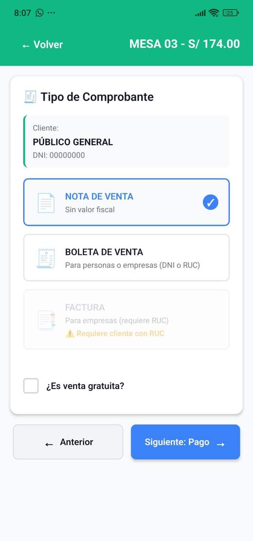 Elección del tipo de comprobante: nota de venta, boleta de venta o factura, según el cliente tenga DNI o RUC.