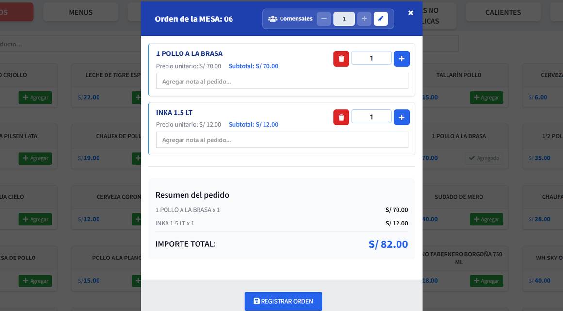 Ventana de la orden de la Mesa 06: número de comensales, cada producto con su cantidad, su subtotal y un campo para agregar una nota, con el importe total y el botón Registrar orden.
